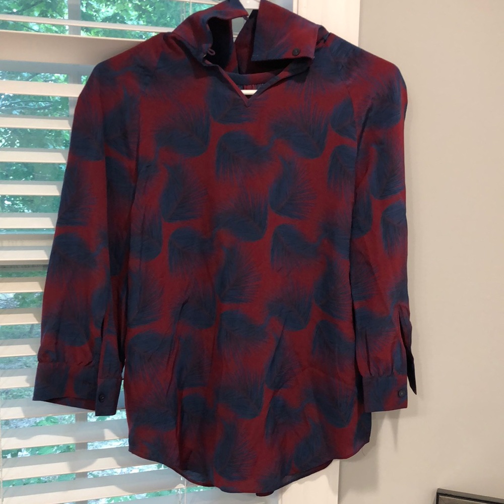 PINK Thomas Pink London Blue Burgundy Palm Tree 100% Silk Blouse
